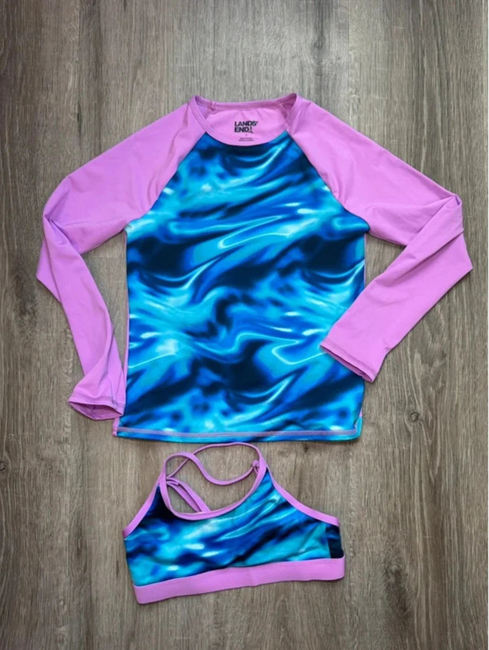 Lands' End Girl’s Three-Piece Rash Guard Swim Set - Blue and Pink, Size 7